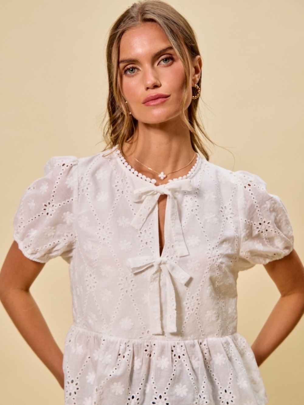 SO ME Cotton Eyelet Front Tie Short Sleeves Blouse